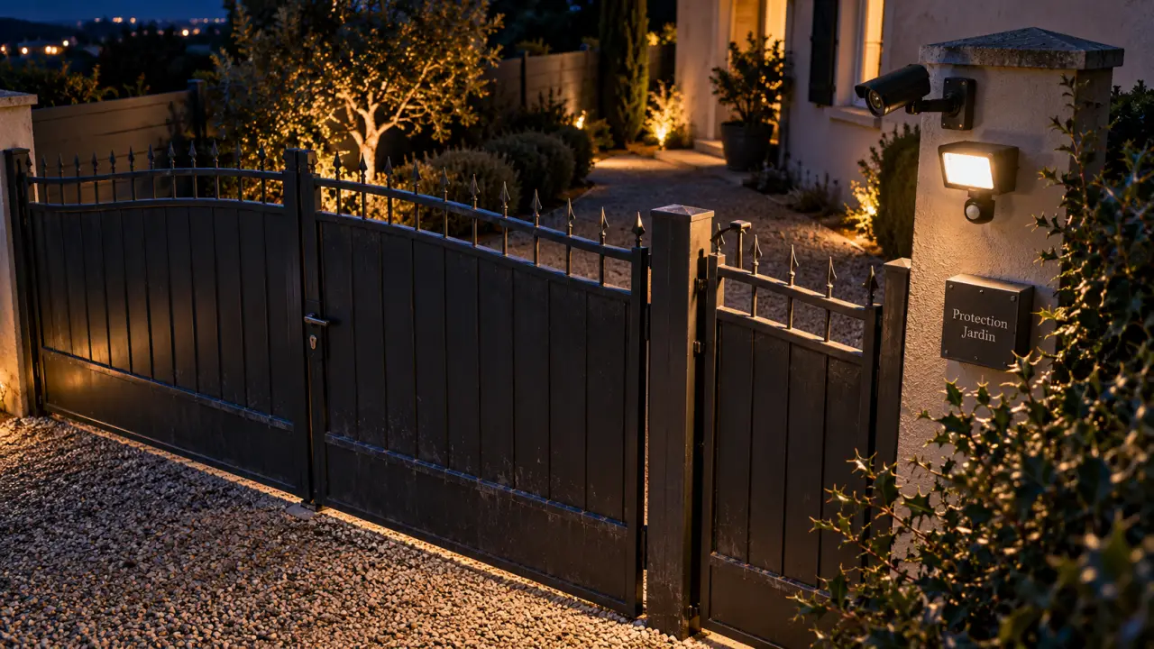Piege anti intrusion jardin : portail fermé, caméra et projecteur LED