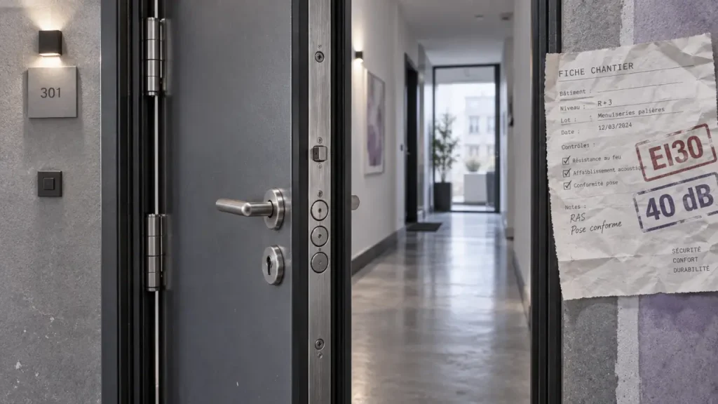 Une porte palière blindée protège l’appartement, avec 40 dB et 30 minutes au feu